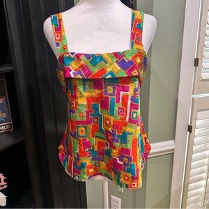 Vintage Lucie Ann Multicolor Geometric Square Neck Camisole Top Size 34